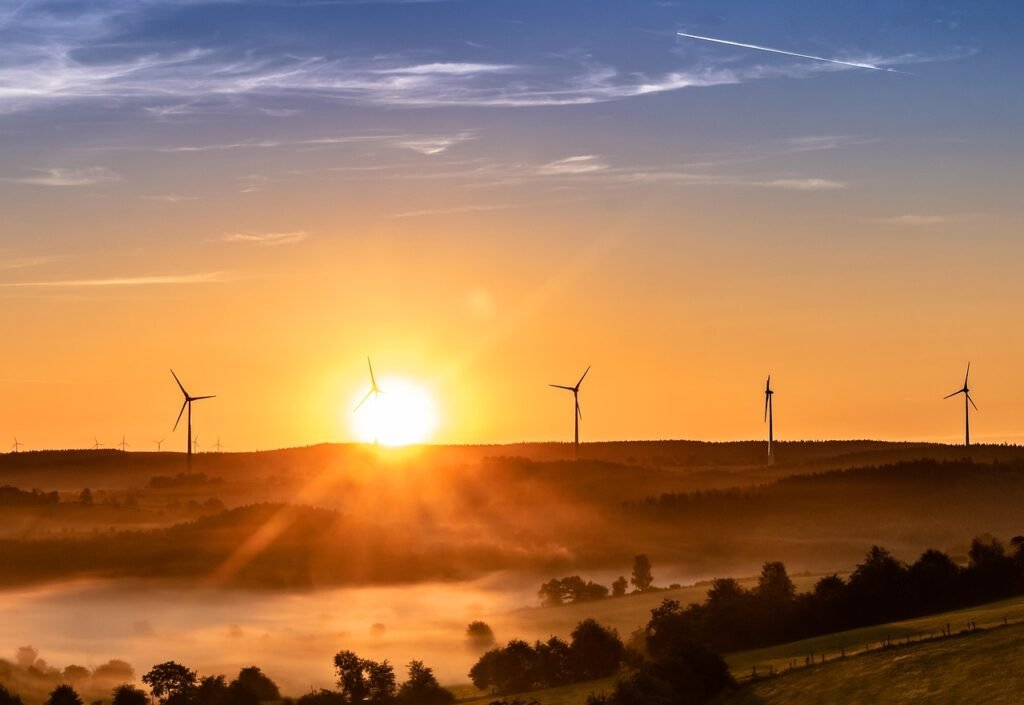 sunrise, wind farm, wind park, wind power plant, windmills, wind turbines, wind energy, nature, renewable energy, morning mist, sunlight, landscape