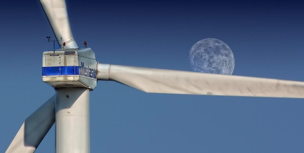 windmill, sky, moon, turbine, wind turbine, nature, wind farm, wind power station, wind power plant, structure, pinwheel, night sky, wind energy, wind power, environmental technology, wind park, renewable energy