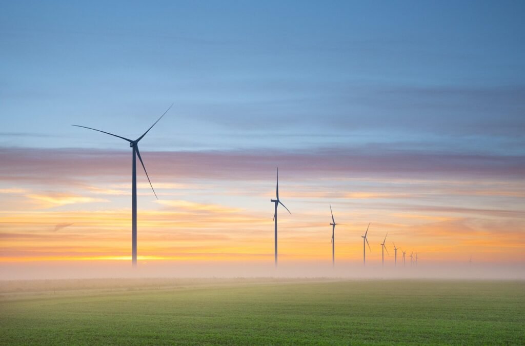 wind energy, nature, wind turbines, windmills, renewable energy, fog, sunrise, meadows, netherlands, landscape
